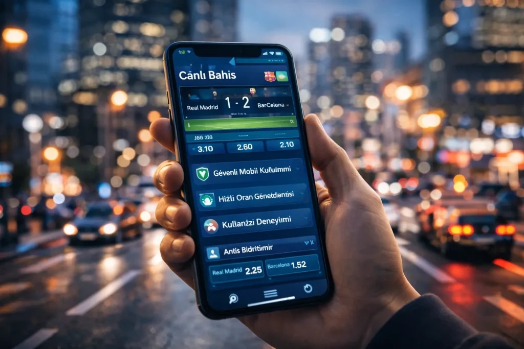 Mobil bahis hesaplarında canlı bahis, güvenlik özellikleri, anlık oran güncellemeleri ve kullanıcı deneyimini gösteren akıllı telefon odaklı modern kullanım sahnesi