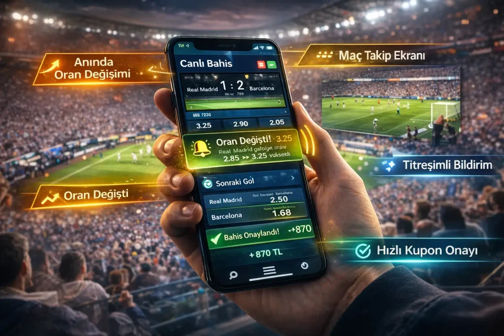 Canlı bahislerde mobil kullanımın avantajlarını, anlık oran değişimlerini, maç takip ekranını ve hızlı bildirim özelliklerini gösteren akıllı telefon odaklı modern bahis deneyimi