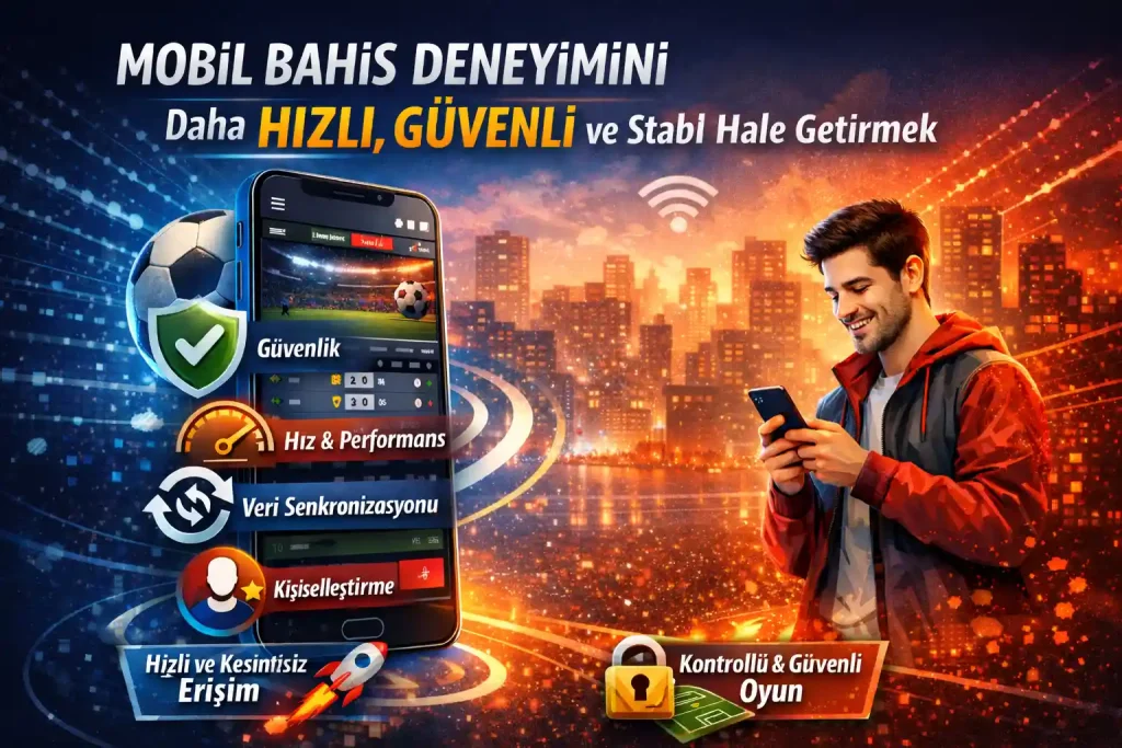 Mobil bahis deneyimini daha hızlı, güvenli ve stabil hâle getirmeyi anlatan, akıllı telefon ve dijital simgeler içeren modern görsel