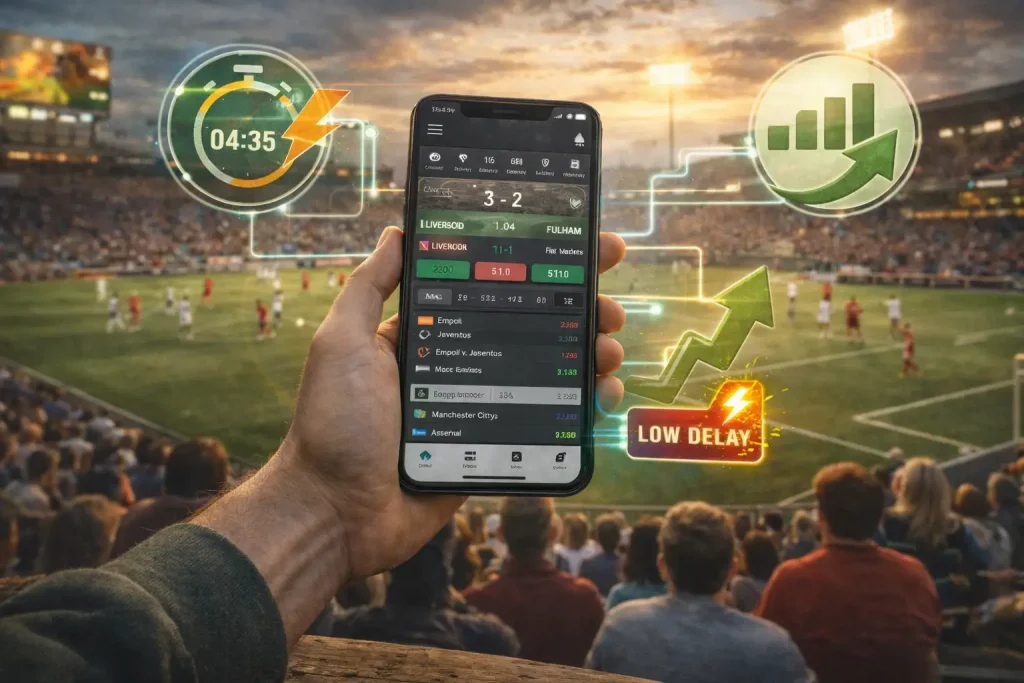 Canlı futbol maçı sırasında tribünde oturan bir kullanıcının, akıllı telefonundan gerçek zamanlı oranları takip ederek hızlı karar verdiği mobil bahis deneyimini yansıtan yatay görsel